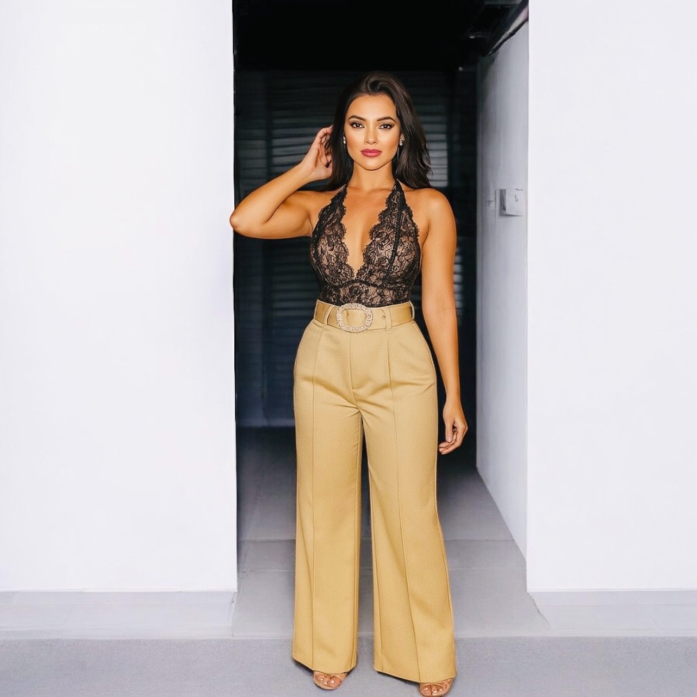 BELTED LUXE FLARE HIGH WAISTED PANTS
( Champagne Gold)